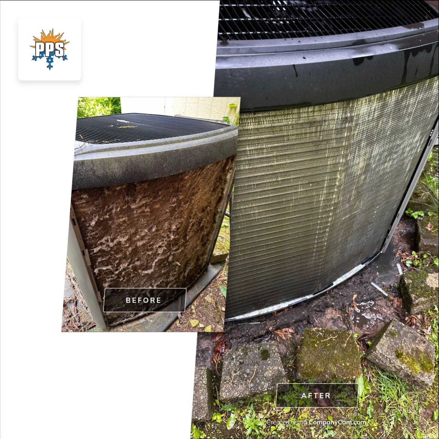 Before and after of a cleaned AC evaporator coil in a Plainfield home