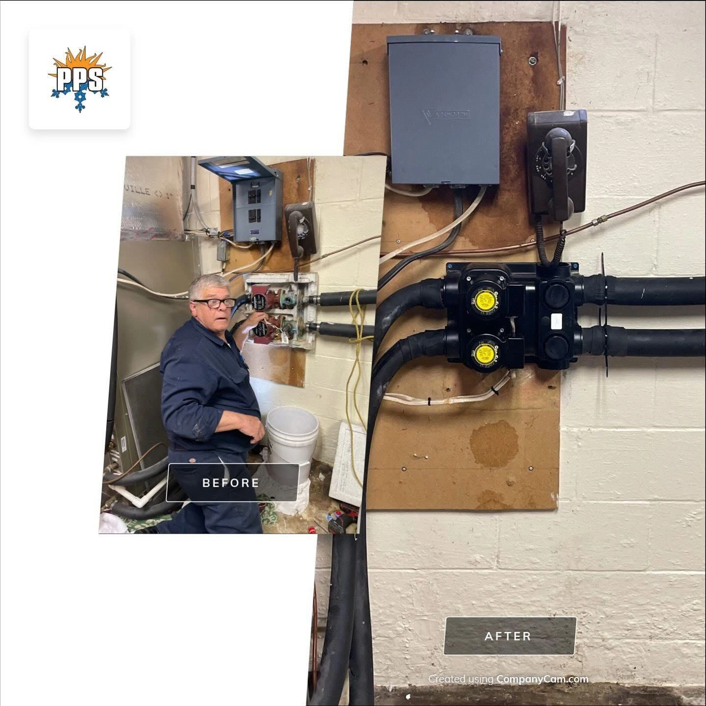 Before and after of a boiler/water pump swap in a Clayton, IN home