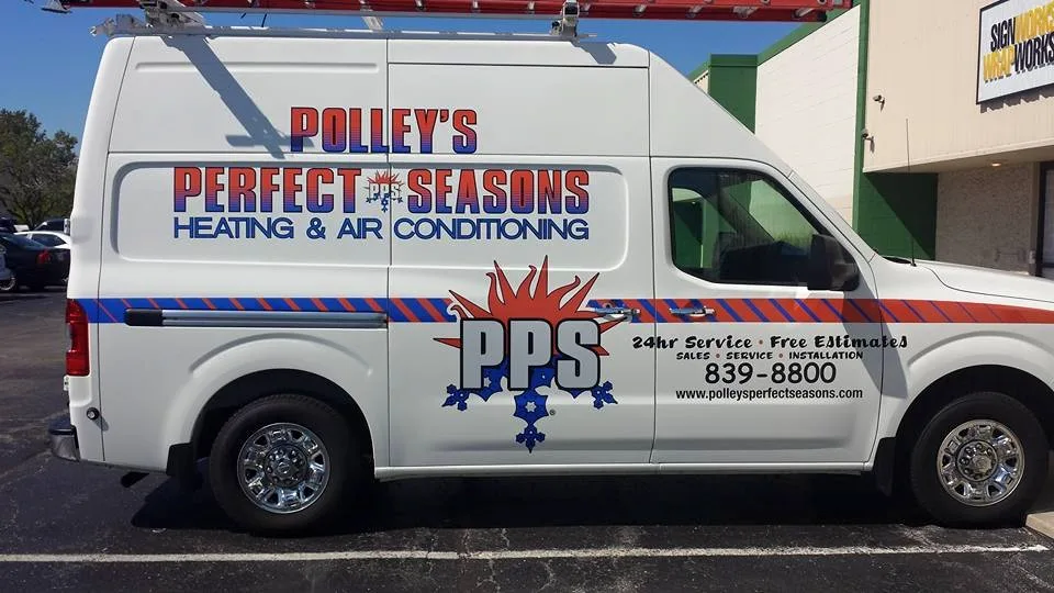Polley's Perfect Seasons branded service van - Plainfield, Indiana family-owned HVAC since 1995