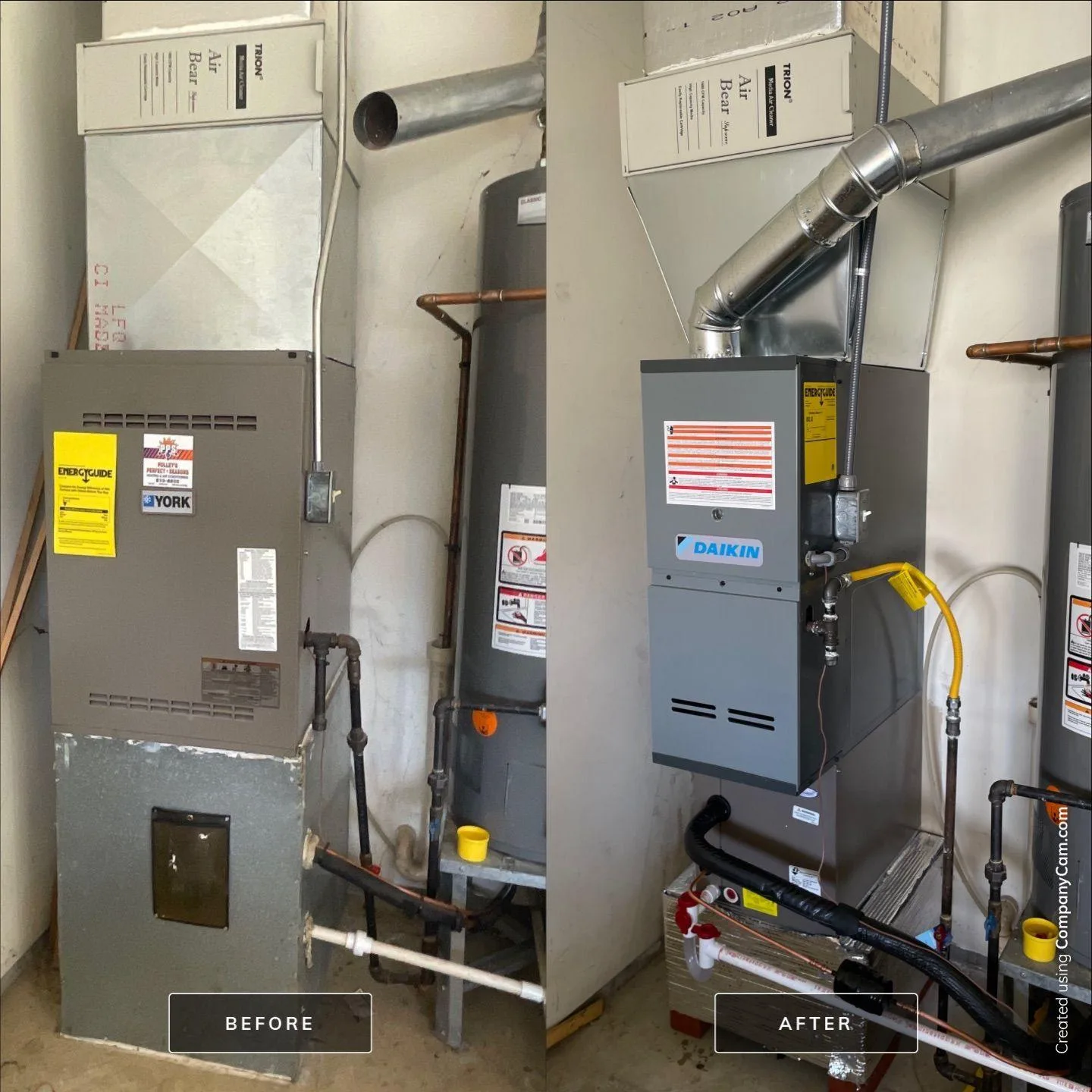 Before and after photo of a York furnace replaced with a Daikin in Clayton, IN